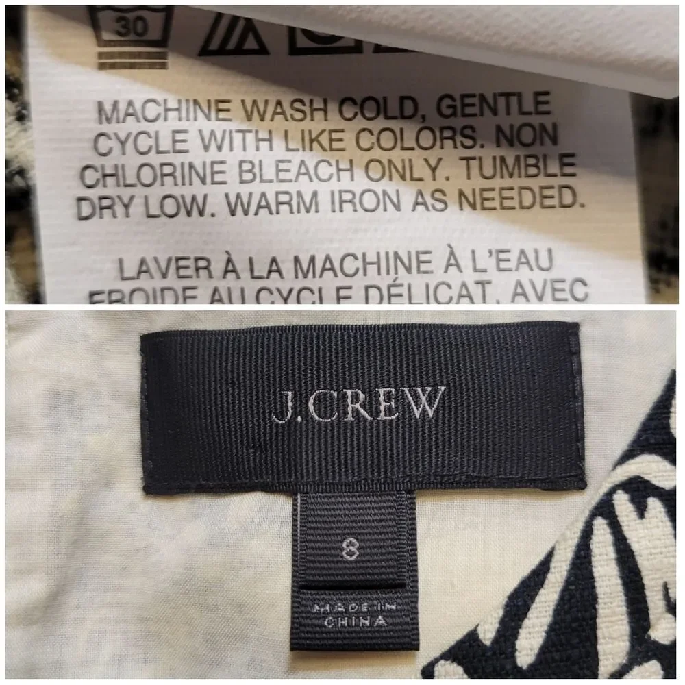 J Crew Women Sleeveless Polynesian Floral Print Dress Ivory Black A-Line Cotton